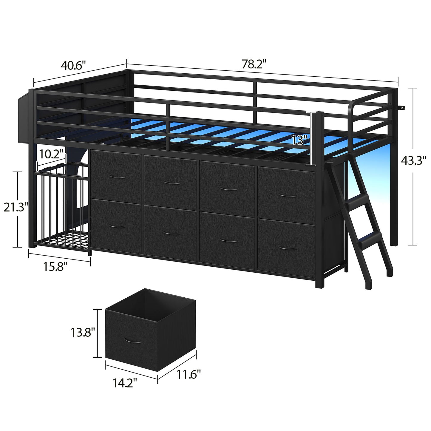 Twin Size Low Loft Bed with RGB Lights & 8 Drawers Black