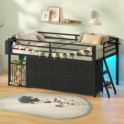 Twin Size Low Loft Bed with RGB Lights & 8 Drawers Black