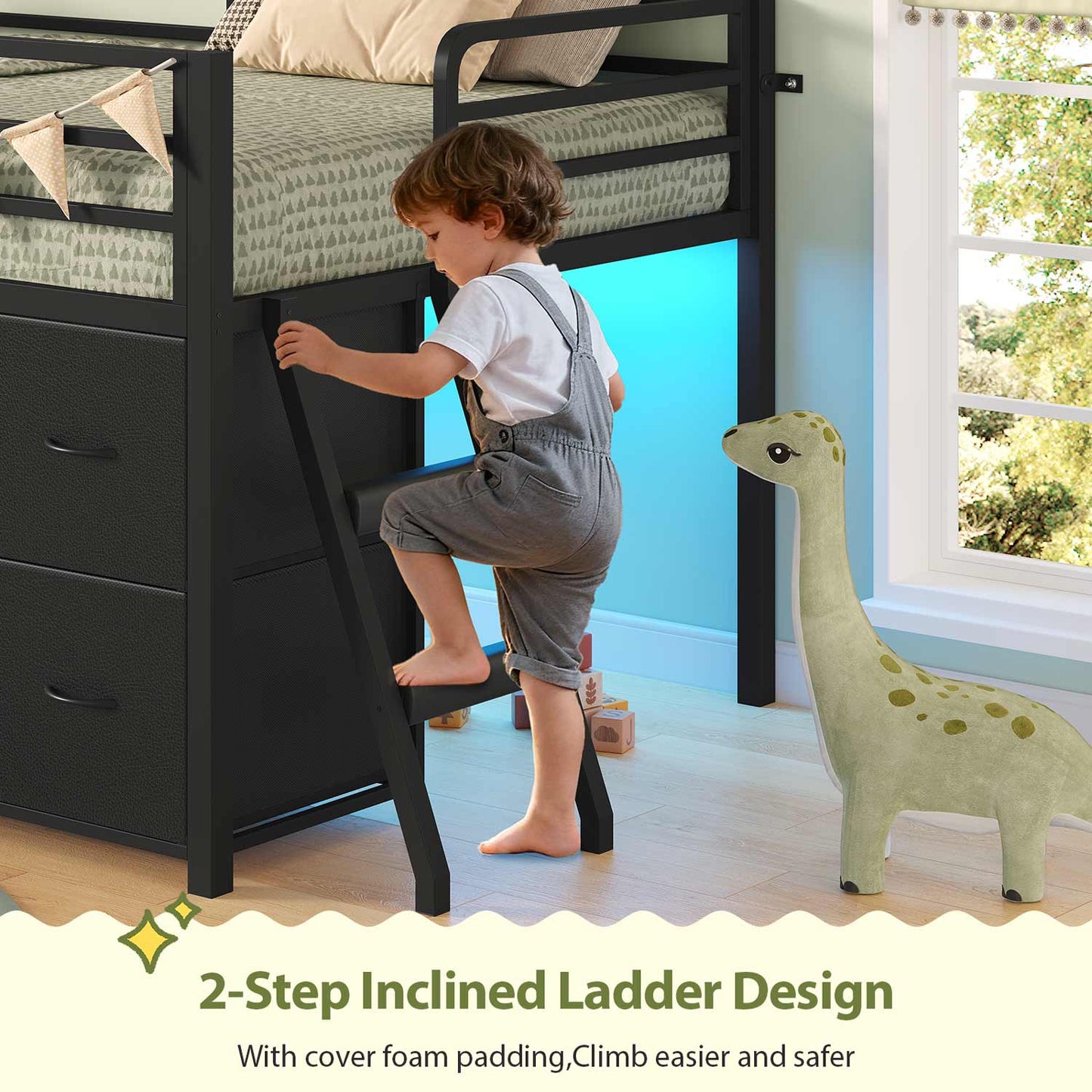 Twin Size Low Loft Bed with RGB Lights & 8 Drawers Black
