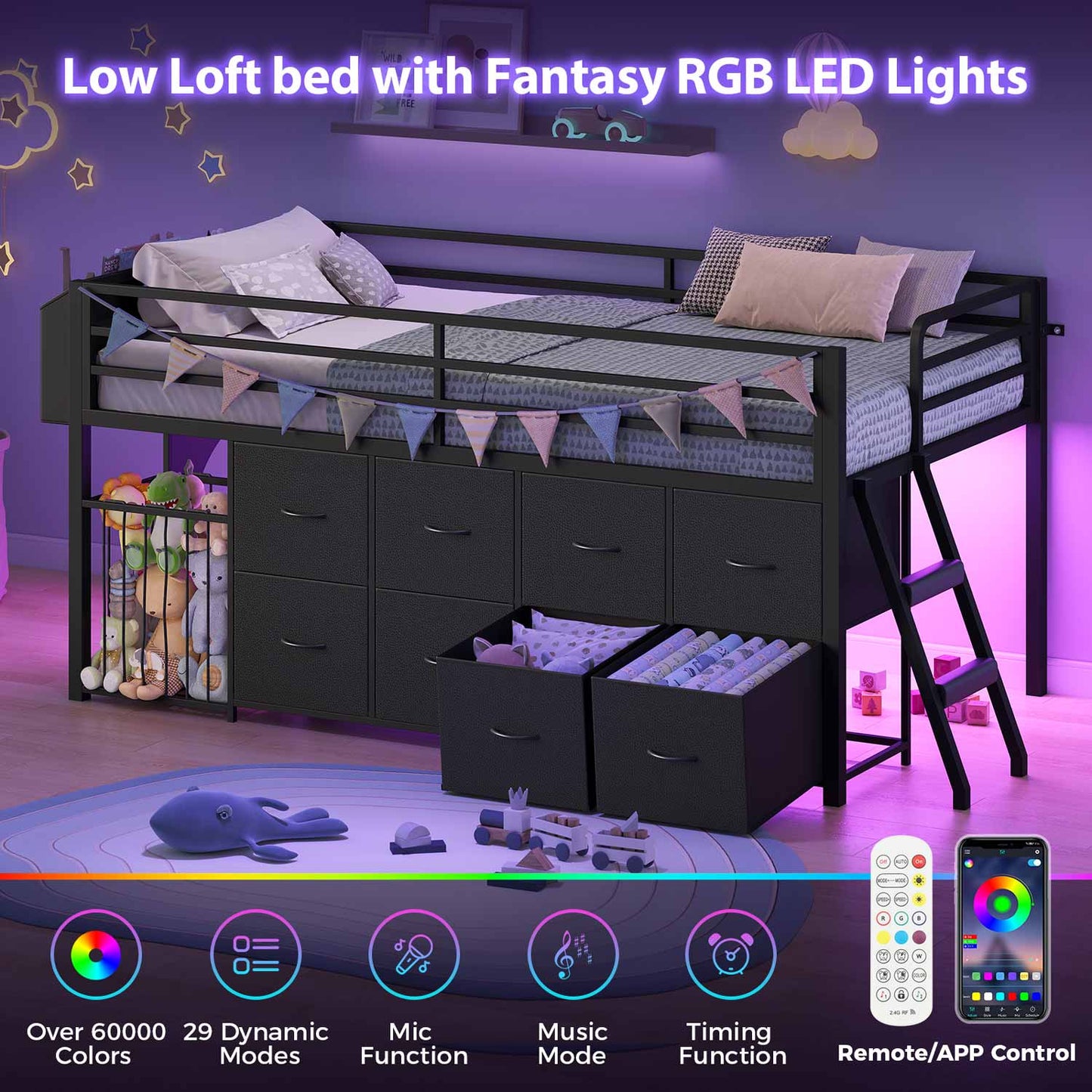 Twin Size Low Loft Bed with RGB Lights & 8 Drawers Black