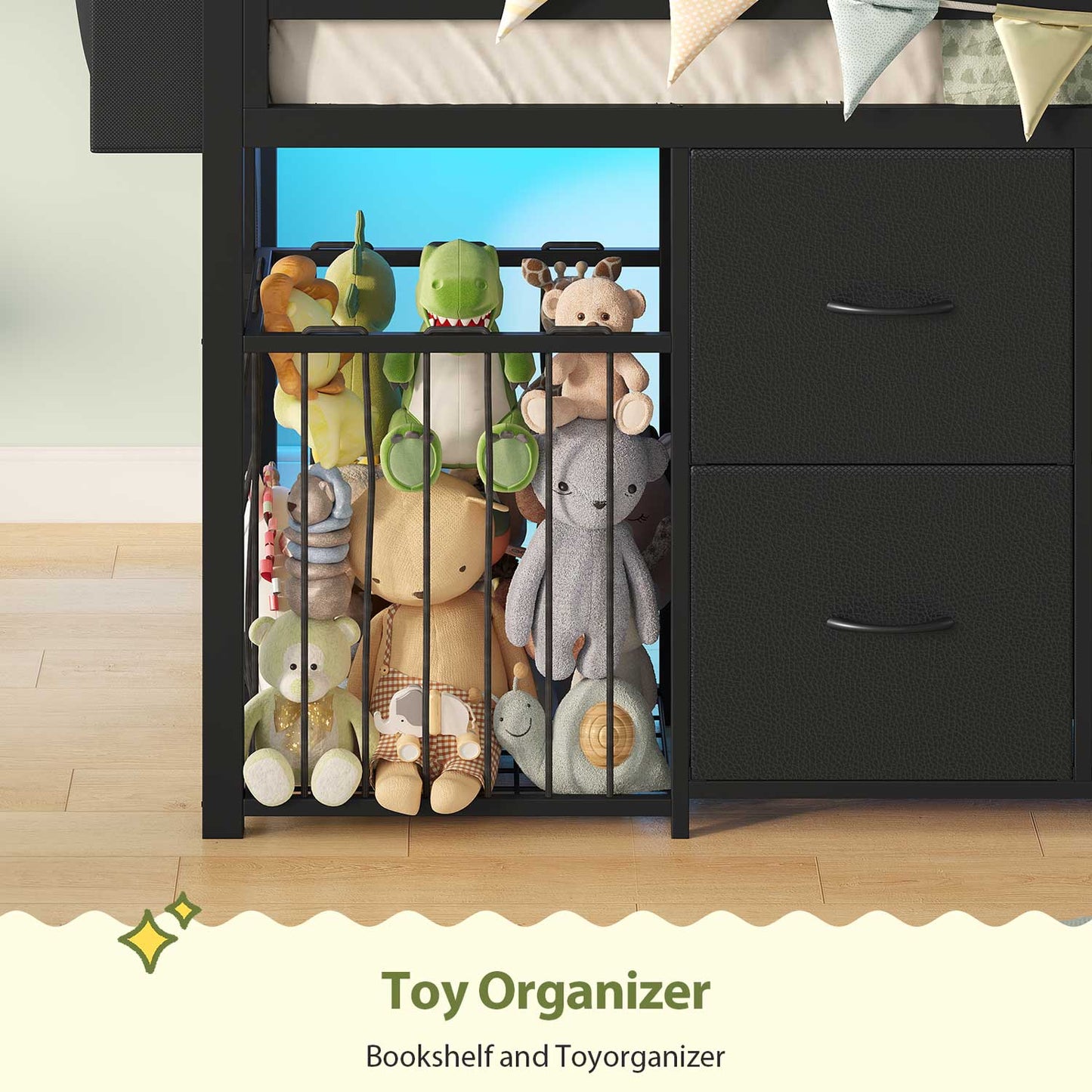 Twin Size Low Loft Bed with RGB Lights & 8 Drawers Black