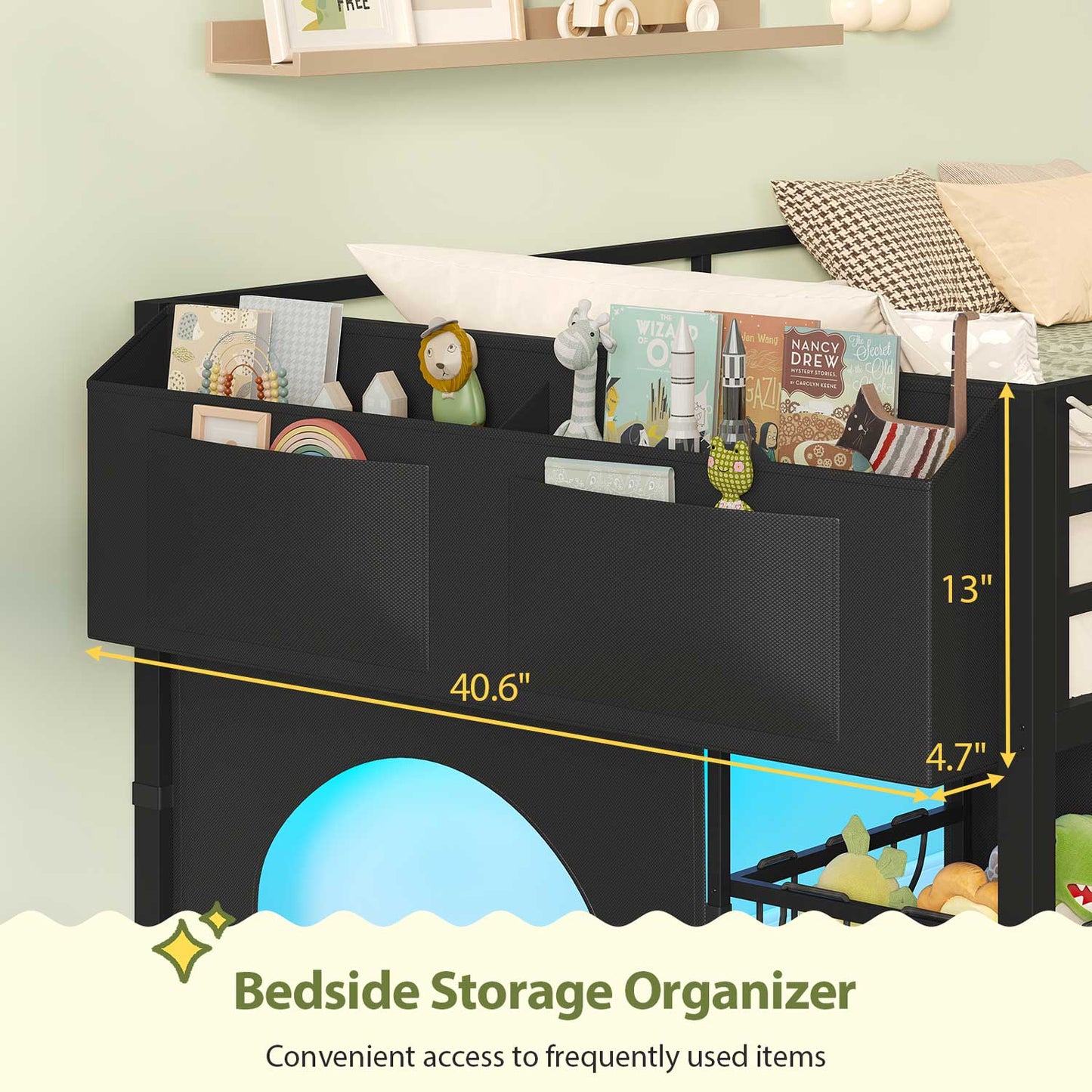 Twin Size Low Loft Bed with RGB Lights & 8 Drawers Black