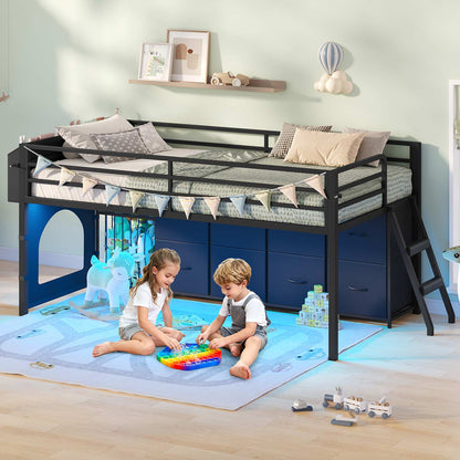 Twin Size Low Loft Bed with RGB Lights & 8 Drawers Black