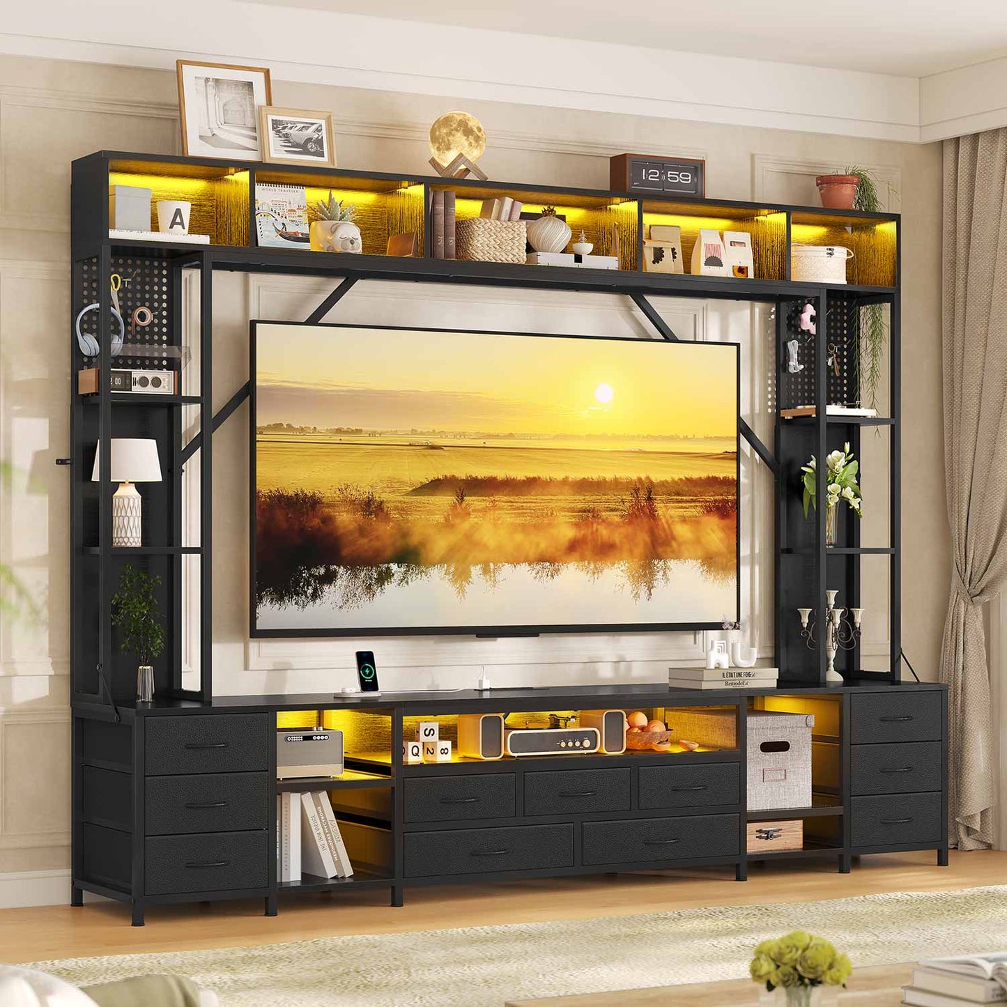 Wall Unit TV Stand with 11 Fabric Drawers & LED Lights Black