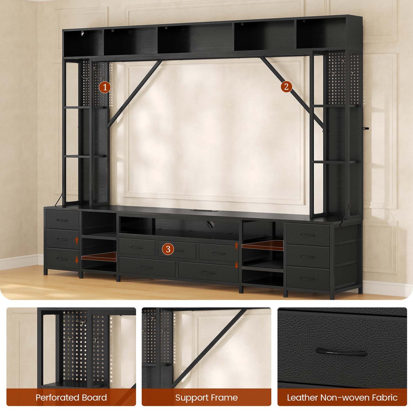 Wall Unit TV Stand with 11 Fabric Drawers & LED Lights Black