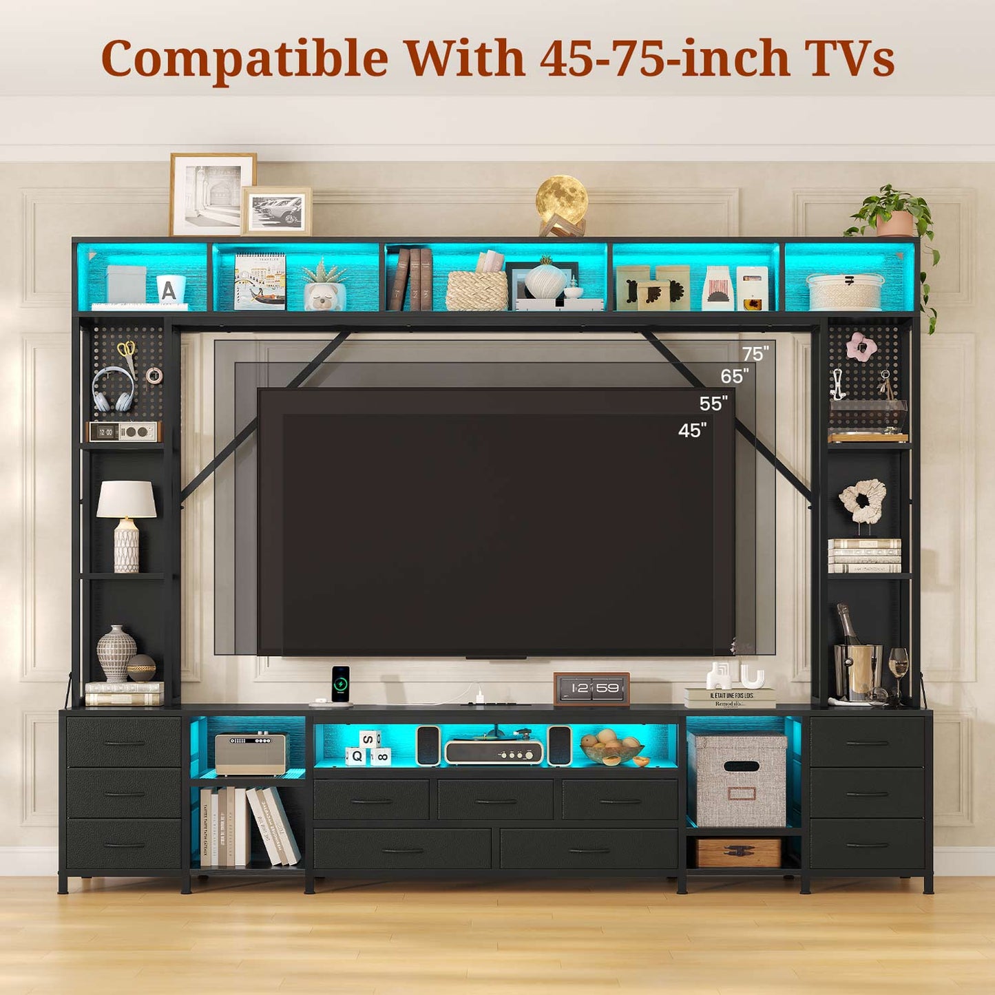 Wall Unit TV Stand with 11 Fabric Drawers & LED Lights Black