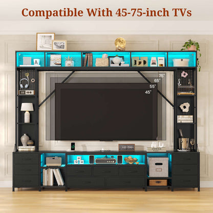 Wall Unit TV Stand with 11 Fabric Drawers & LED Lights Black