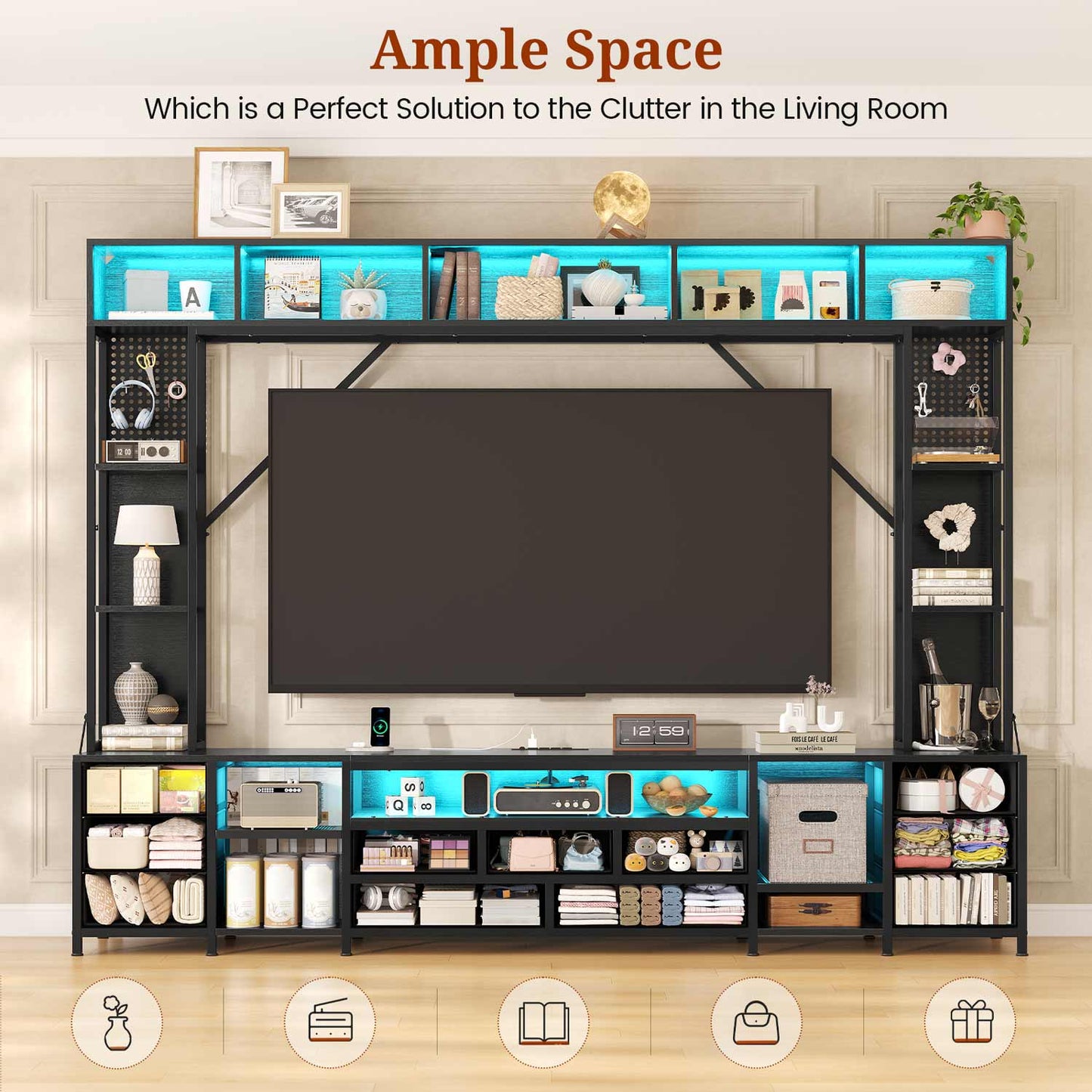 Wall Unit TV Stand with 11 Fabric Drawers & LED Lights Black