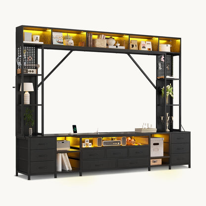 Wall Unit TV Stand with 11 Fabric Drawers & LED Lights Black