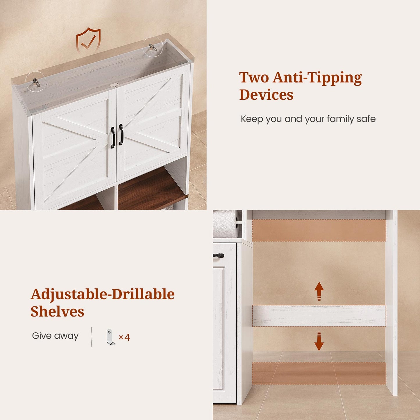 Farmhouse Over The Toilet Storage Cabinet with Pulley White