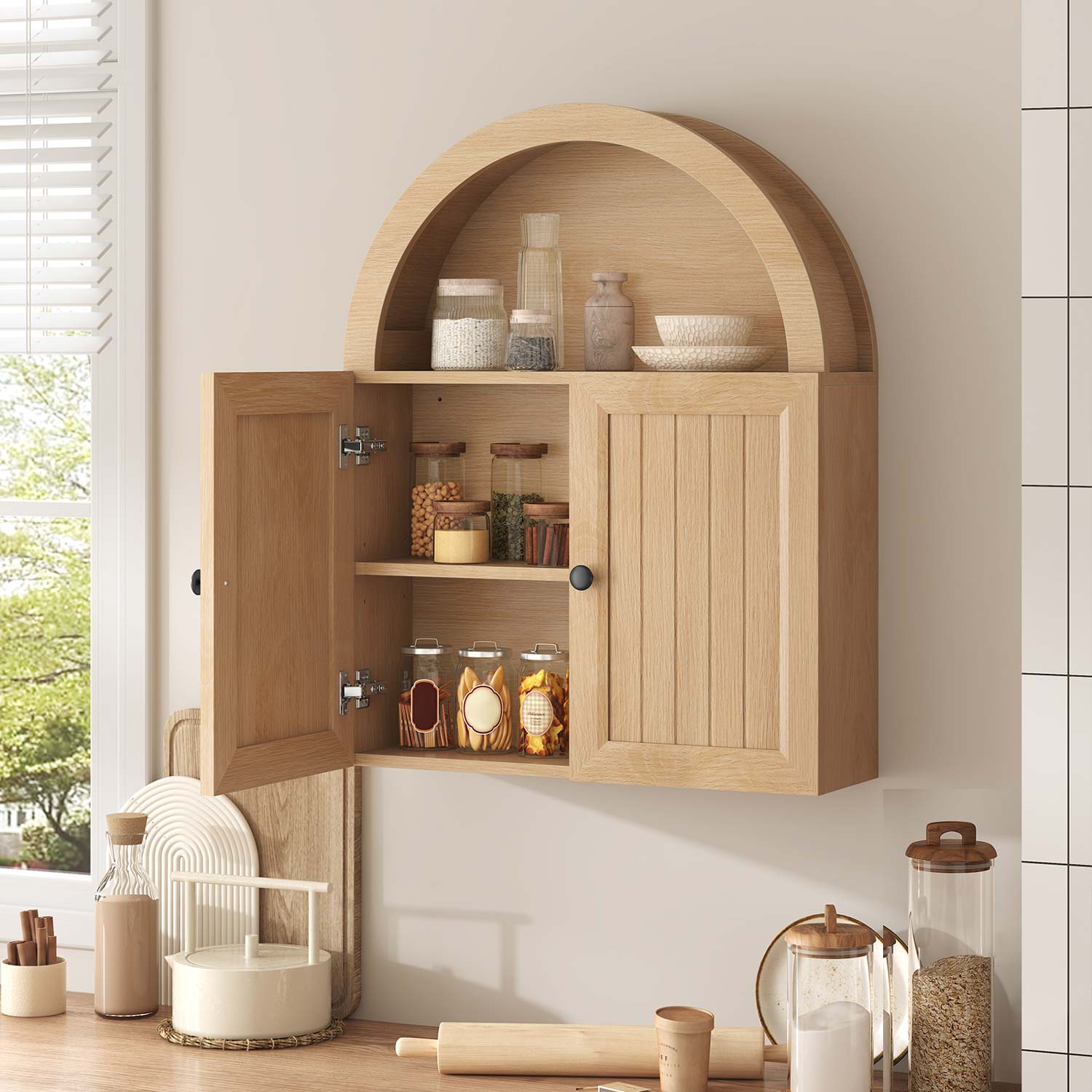 23.6 x 30.3" Arched Bathroom Wall Cabinet Oak