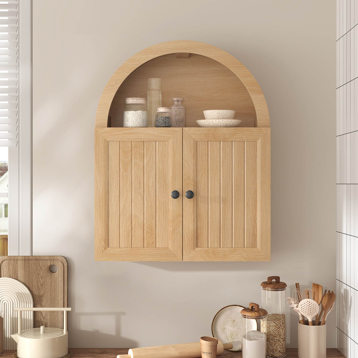 23.6 x 30.3" Arched Bathroom Wall Cabinet Oak