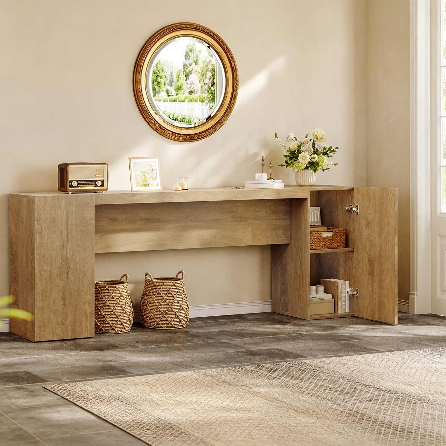 70.9 Inch Console Table with 2 Storage Cabinets Natural Oak