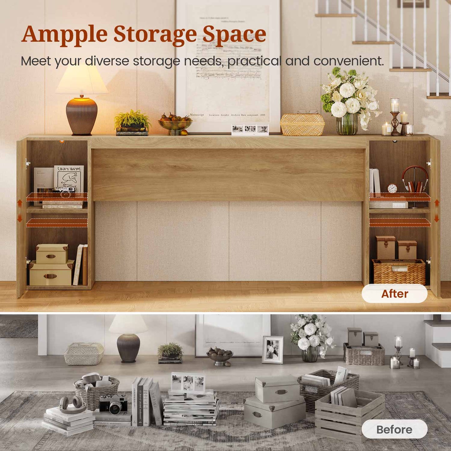 70.9 Inch Console Table with 2 Storage Cabinets Natural Oak