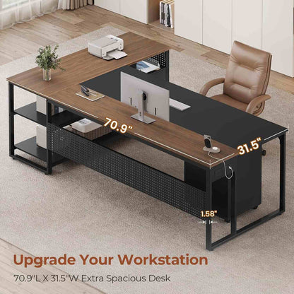 71 in Reversible L Shaped Executive Desk Walnut Brown