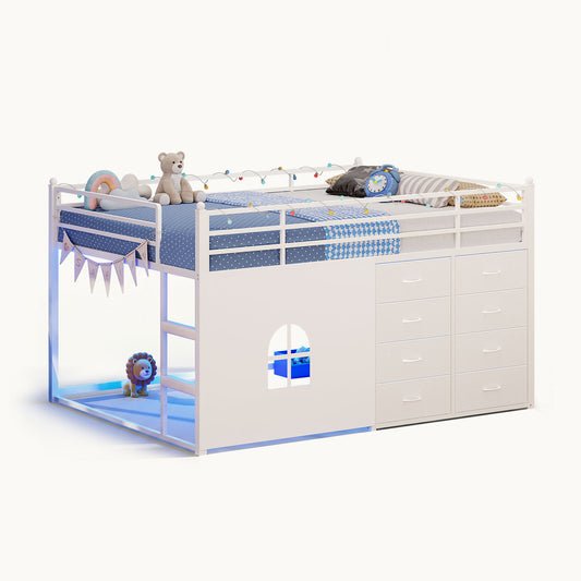 Full Over Twin Bunk Bed with 8 Fabric Drawers & LED Lights White