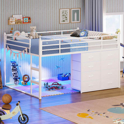 Full Over Twin Bunk Bed with 8 Fabric Drawers & LED Lights White