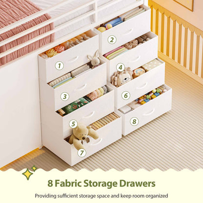 Full Over Twin Bunk Bed with 8 Fabric Drawers & LED Lights White