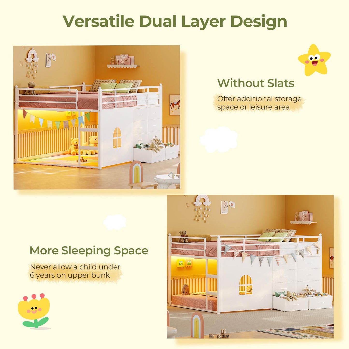 Full Over Twin Bunk Bed with 8 Fabric Drawers & LED Lights White