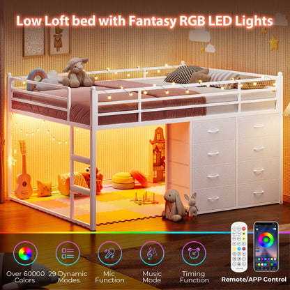 Full Over Twin Bunk Bed with 8 Fabric Drawers & LED Lights White