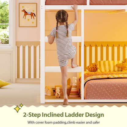 Full Over Twin Bunk Bed with 8 Fabric Drawers & LED Lights White