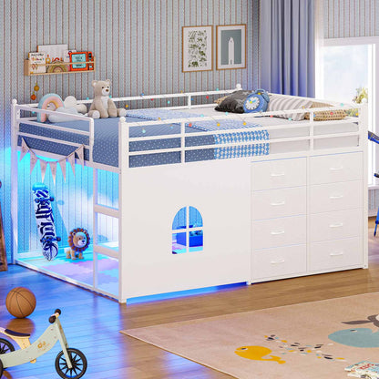Full Over Twin Bunk Bed with 8 Fabric Drawers & LED Lights White