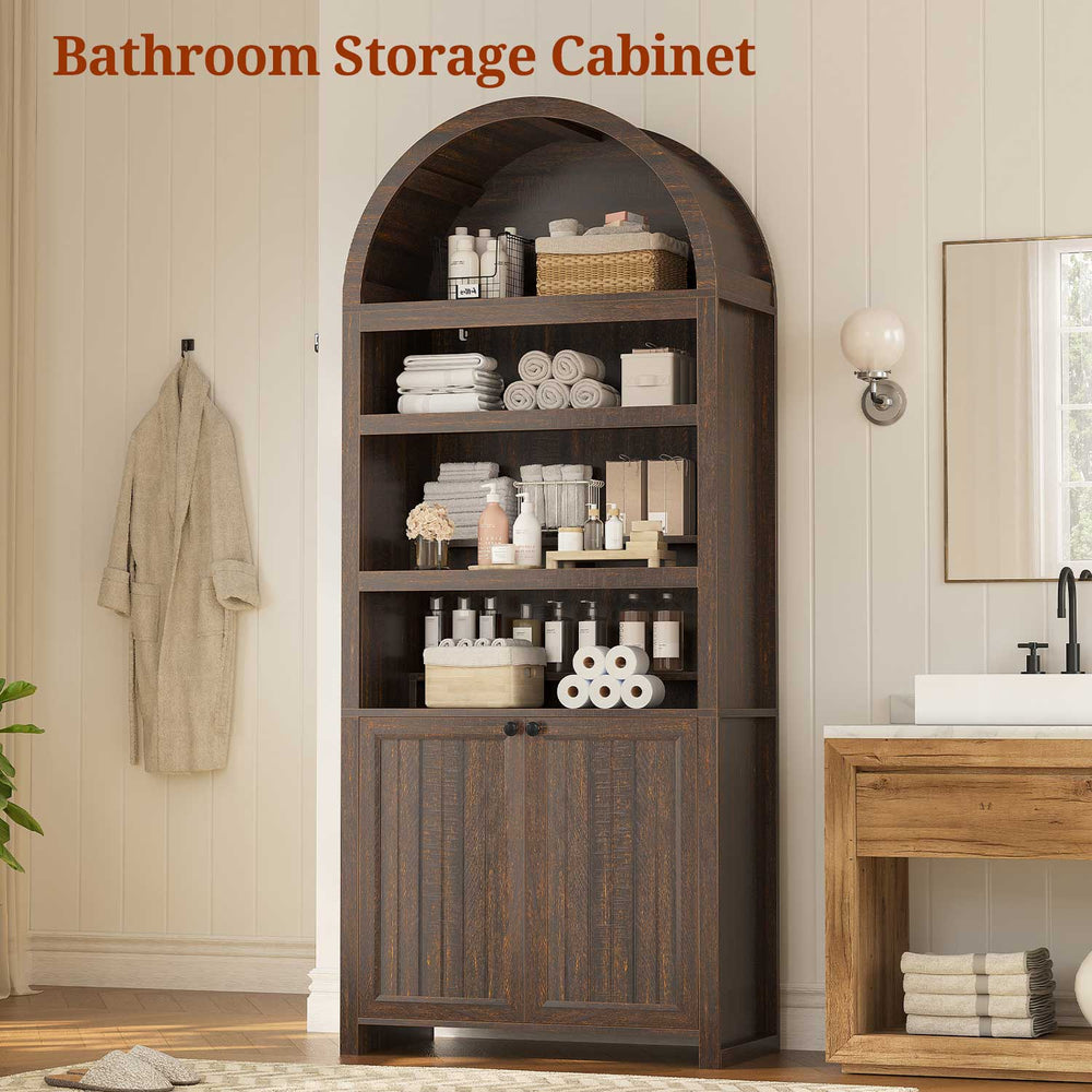 81 Inches Tall Arched 6-Tier Bookcase with Door Walnut Brown