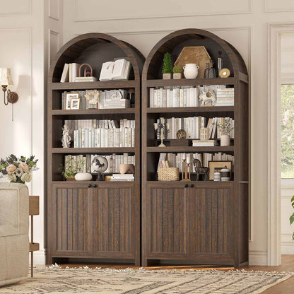81 Inches Tall Arched 6-Tier Bookcase with Door Walnut Brown