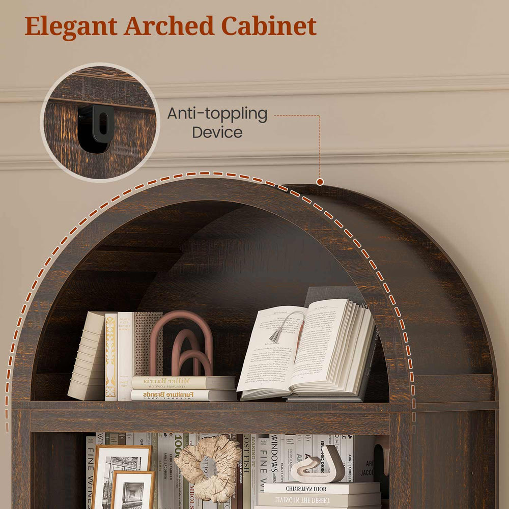 81 Inches Tall Arched 6-Tier Bookcase with Door Walnut Brown