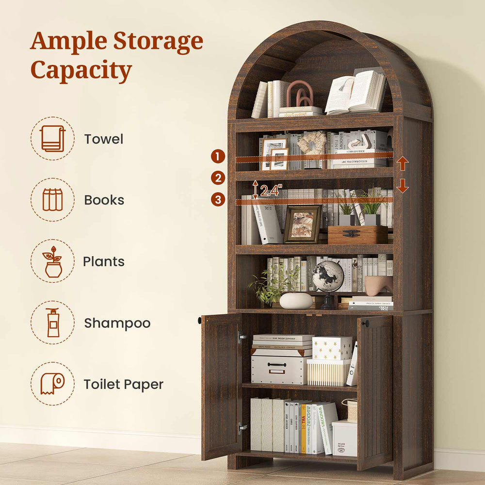 81 Inches Tall Arched 6-Tier Bookcase with Door Walnut Brown