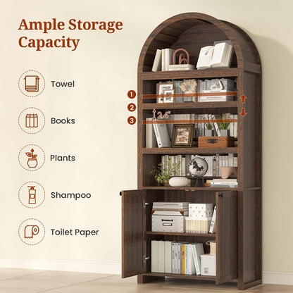 81 Inches Tall Arched 6-Tier Bookcase with Door Walnut Brown