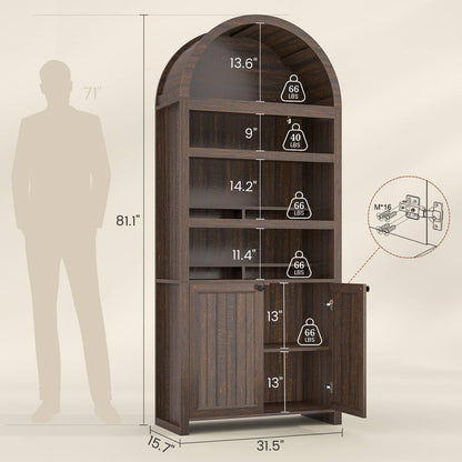 81 Inches Tall Arched 6-Tier Bookcase with Door Walnut Brown