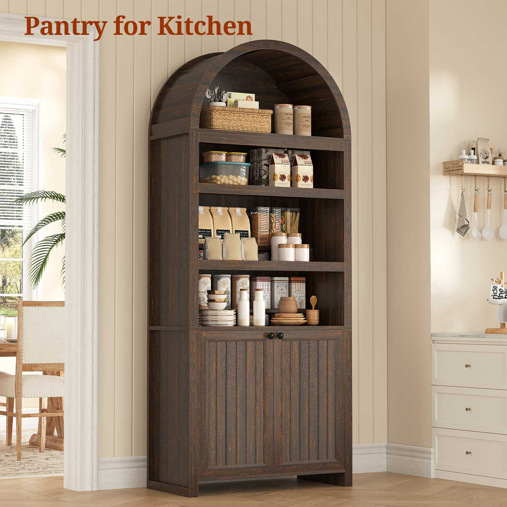 81 Inches Tall Arched 6-Tier Bookcase with Door Walnut Brown