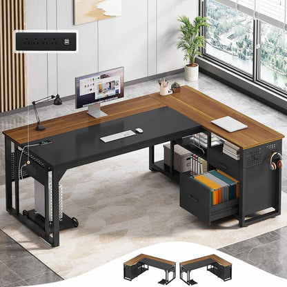 71 in Reversible L Shaped Executive Desk Walnut Brown