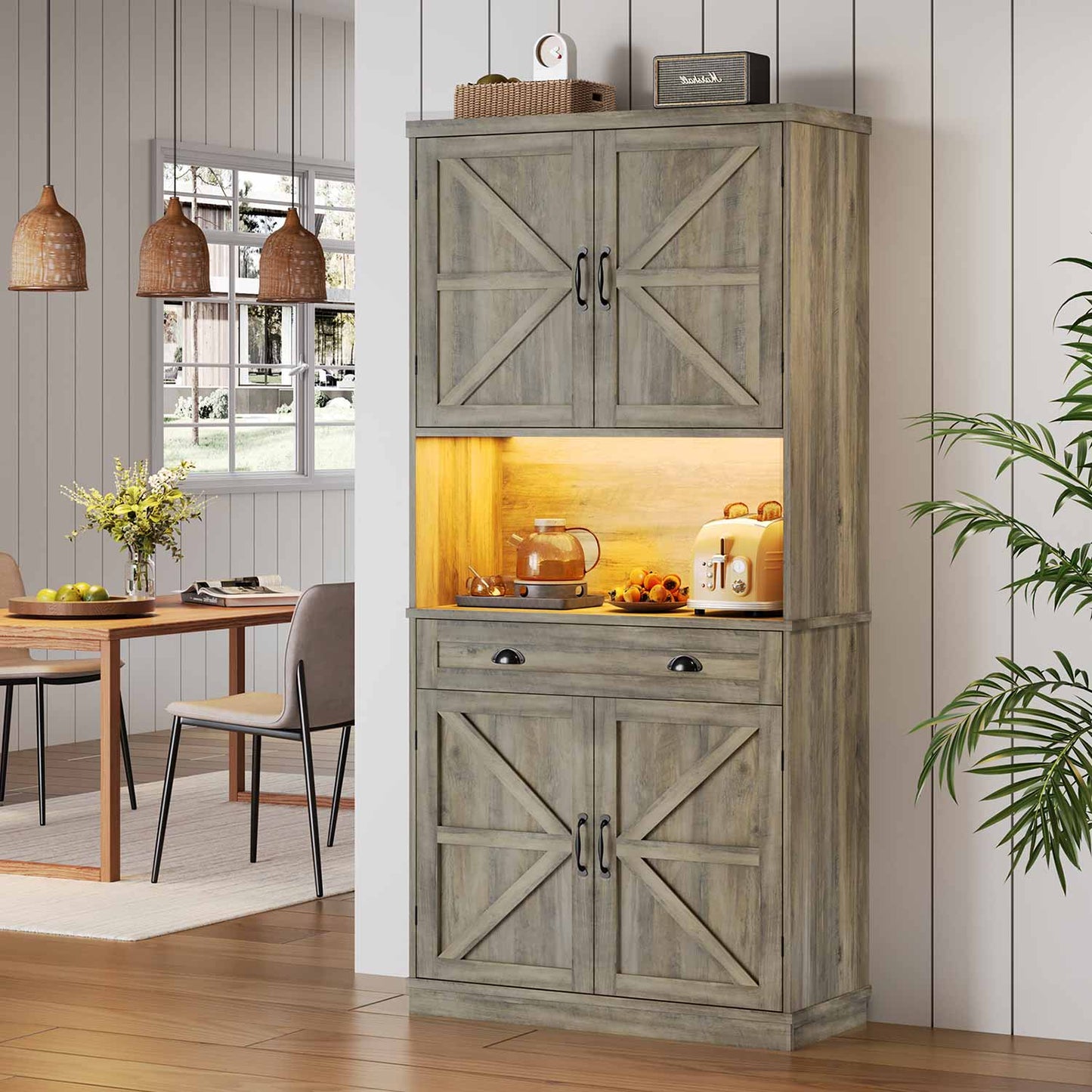 Farmhouse Kitchen Pantry Cabinet with Adjustable Shelves Grey