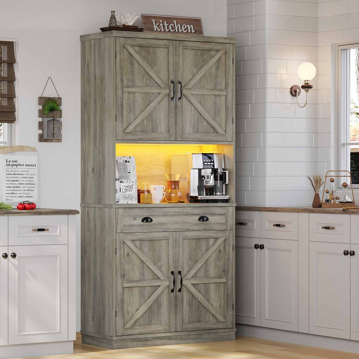 Farmhouse Kitchen Pantry Cabinet with Adjustable Shelves Grey