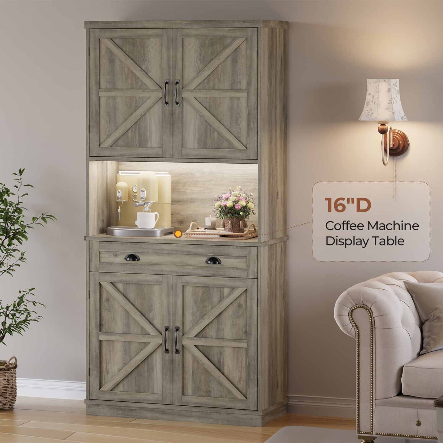 Farmhouse Kitchen Pantry Cabinet with Adjustable Shelves Grey