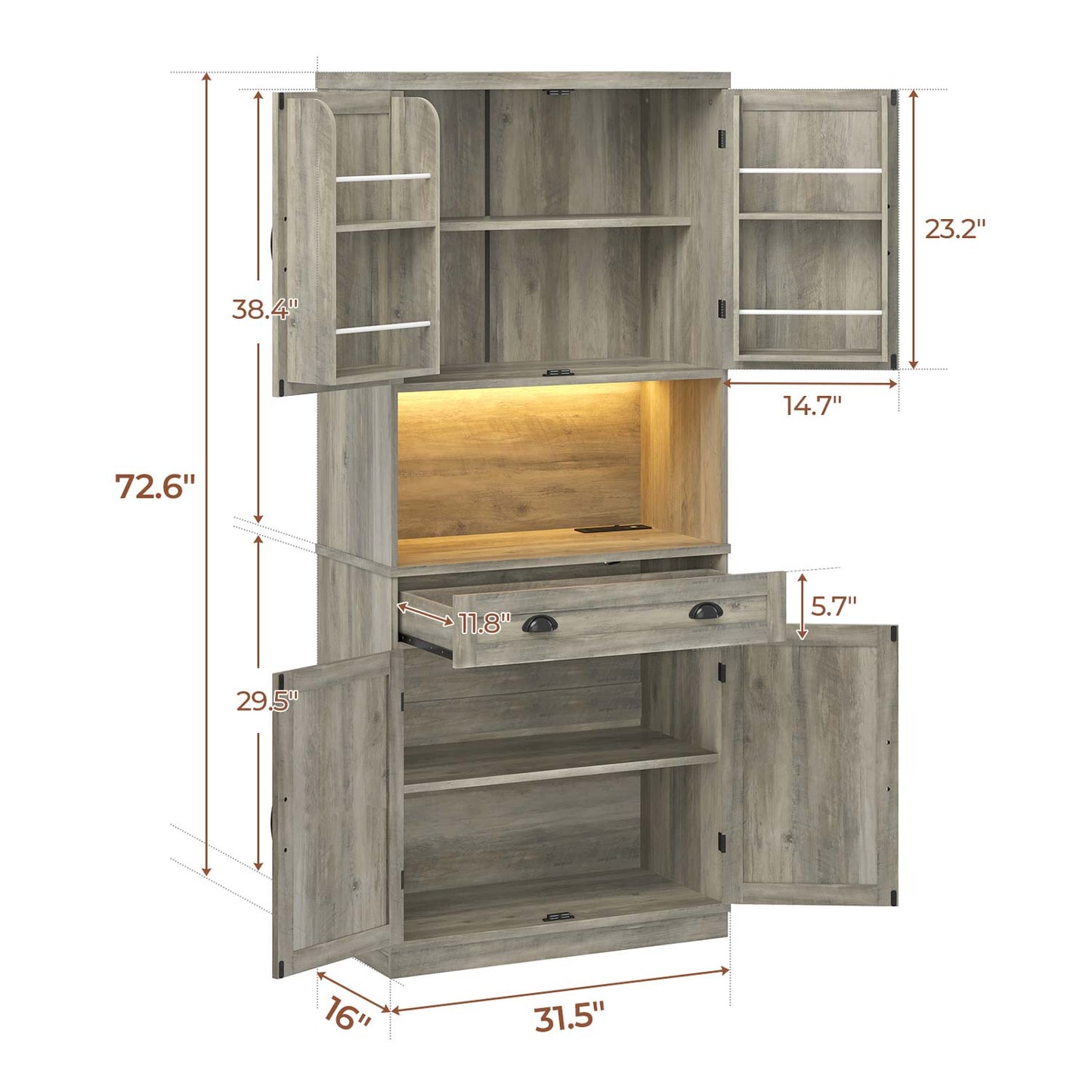 Farmhouse Kitchen Pantry Cabinet with Adjustable Shelves Grey
