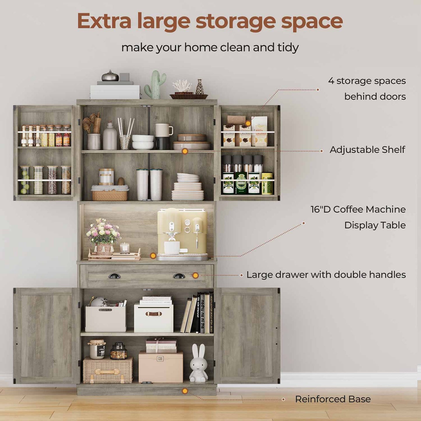 Farmhouse Kitchen Pantry Cabinet with Adjustable Shelves Grey