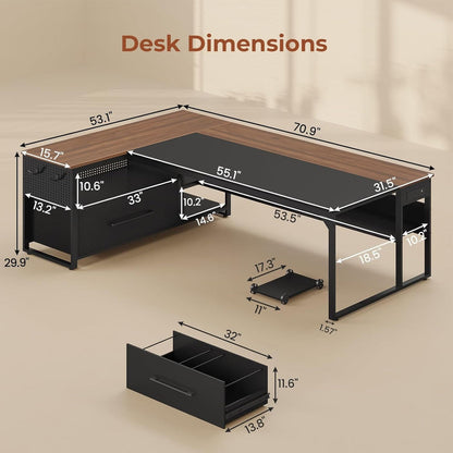 71 in Reversible L Shaped Executive Desk Walnut Brown