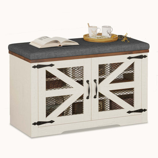 Farmhouse Storage Bench with Cushion Shoe Rack Organizer