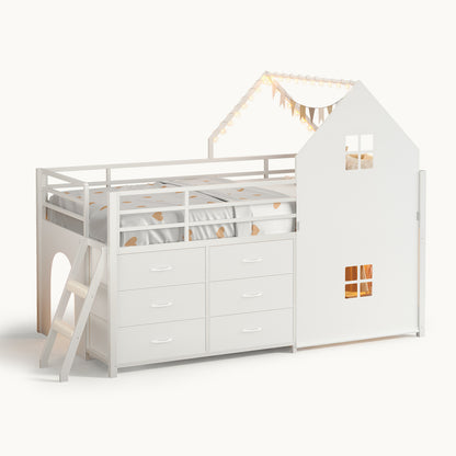 Twin-Low Loft Bed with Guardrail Under-Hide Seek Bed Play Space White