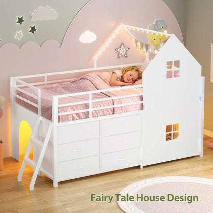 Twin-Low Loft Bed with Guardrail Under-Hide Seek Bed Play Space White