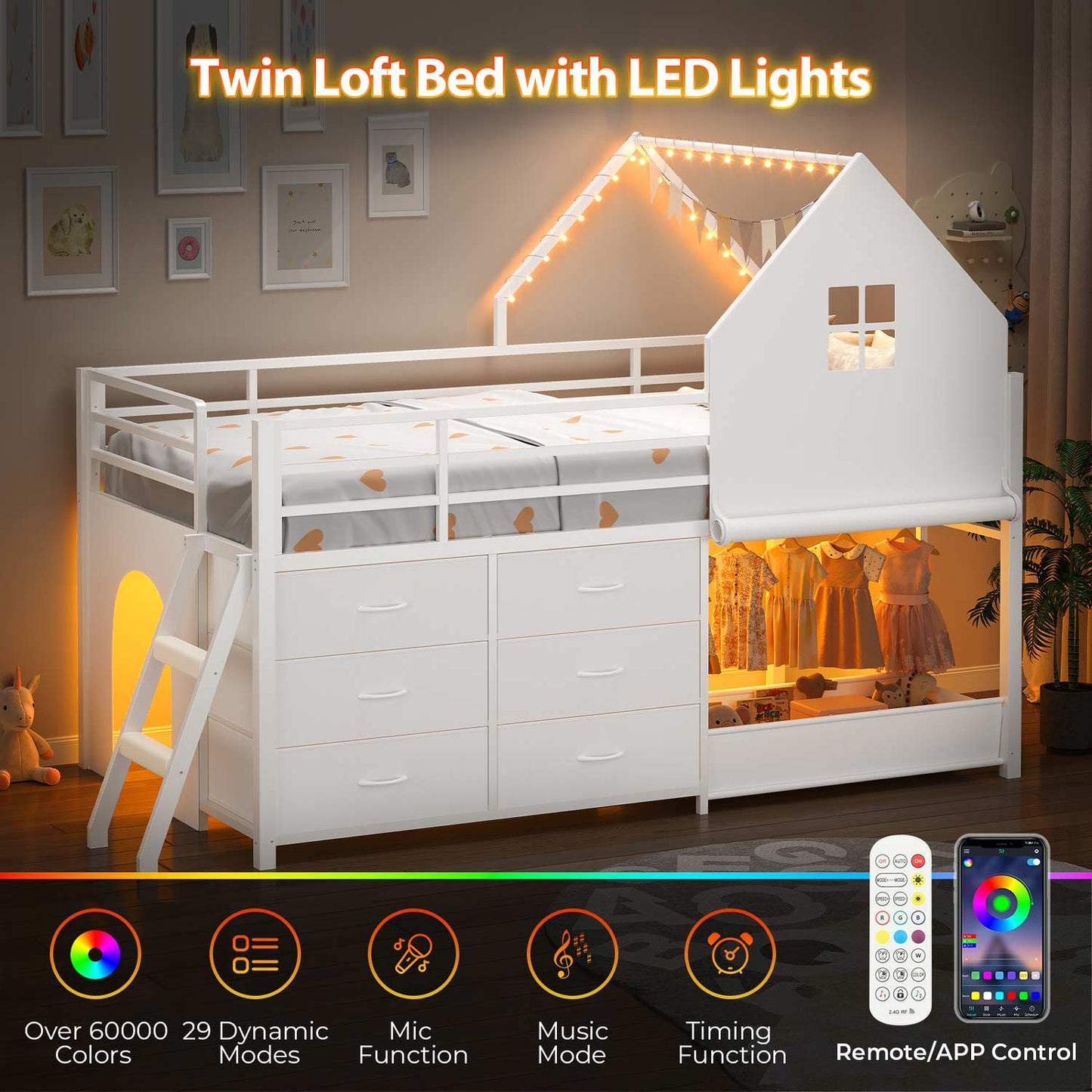 Twin-Low Loft Bed with Guardrail Under-Hide Seek Bed Play Space White