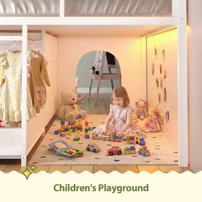 Twin-Low Loft Bed with Guardrail Under-Hide Seek Bed Play Space White