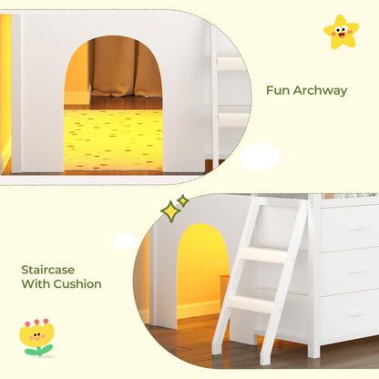 Twin-Low Loft Bed with Guardrail Under-Hide Seek Bed Play Space White