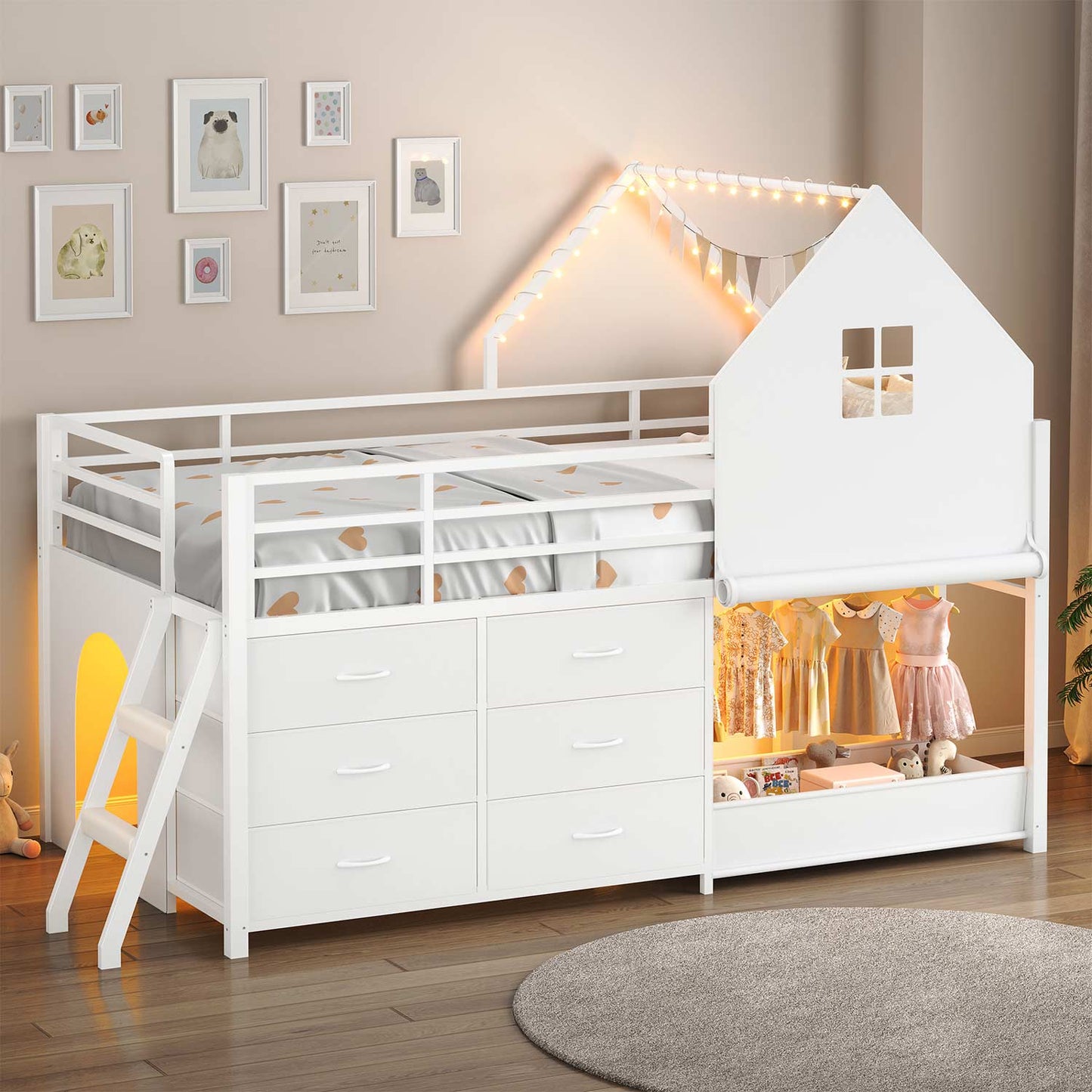 Twin-Low Loft Bed with Guardrail Under-Hide Seek Bed Play Space White