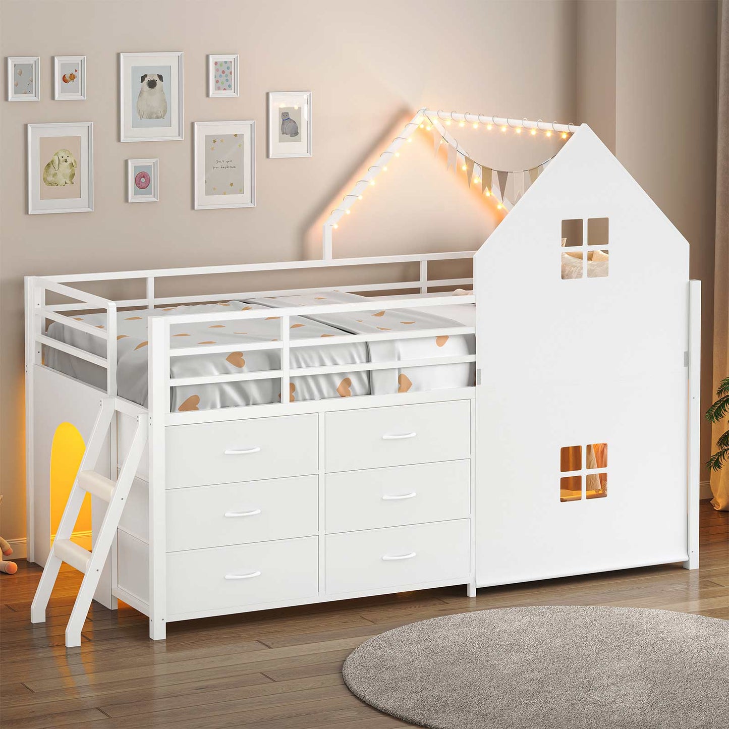 Twin-Low Loft Bed with Guardrail Under-Hide Seek Bed Play Space White