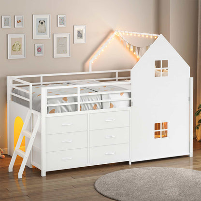 Twin-Low Loft Bed with Guardrail Under-Hide Seek Bed Play Space White