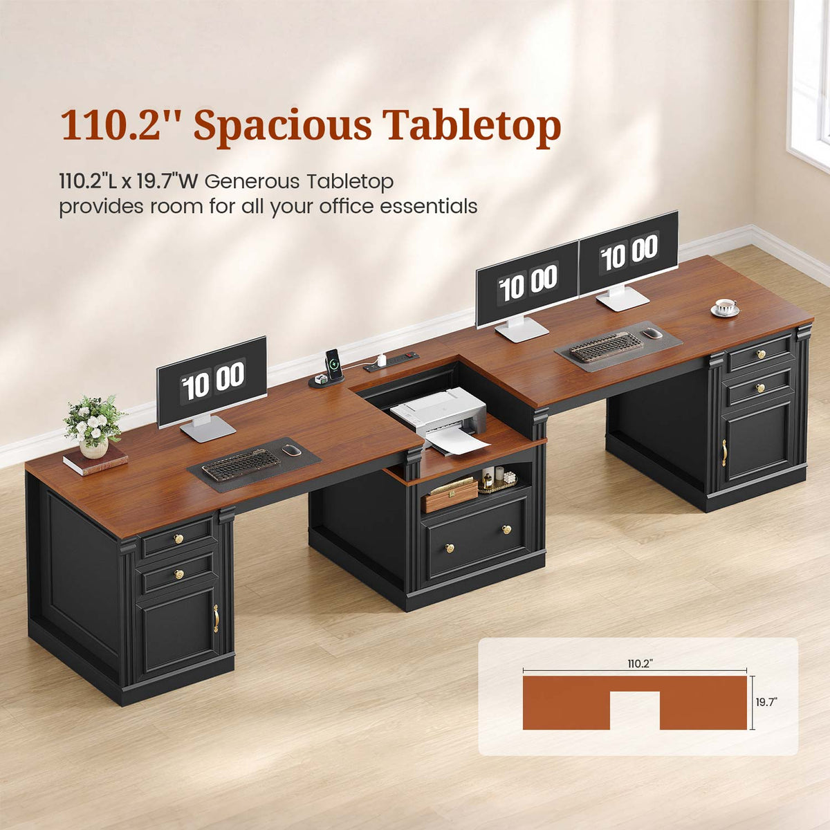 Uposoja 110" Two Person Desk with Drawers Cabinet and Storage Shelves Black Brown